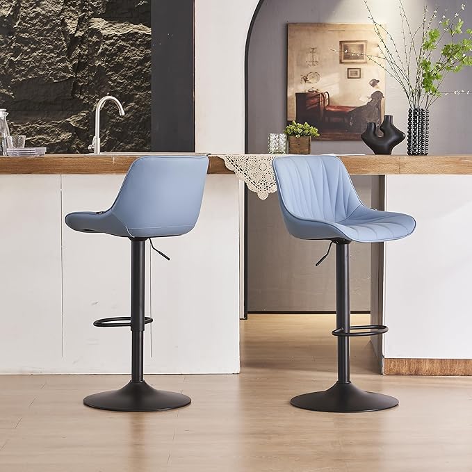 YOUNIKE Bar Stools Set of 2 for Kitchen Island, Blue Faux Leather Padded Counter Height Stools, Adjustable Swivel Barstools with Back, Modern Tall Stools with 300LBS Support