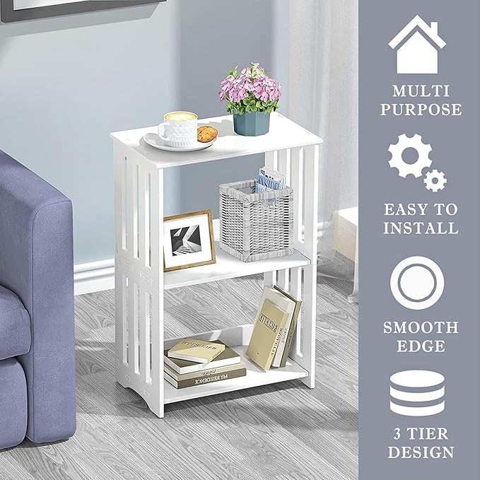 3-Tier End Table Night Stand Set of 2, White Side Table Small Bookshelf Bedside Table for Bedroom, Living Room, Office, Bathroom