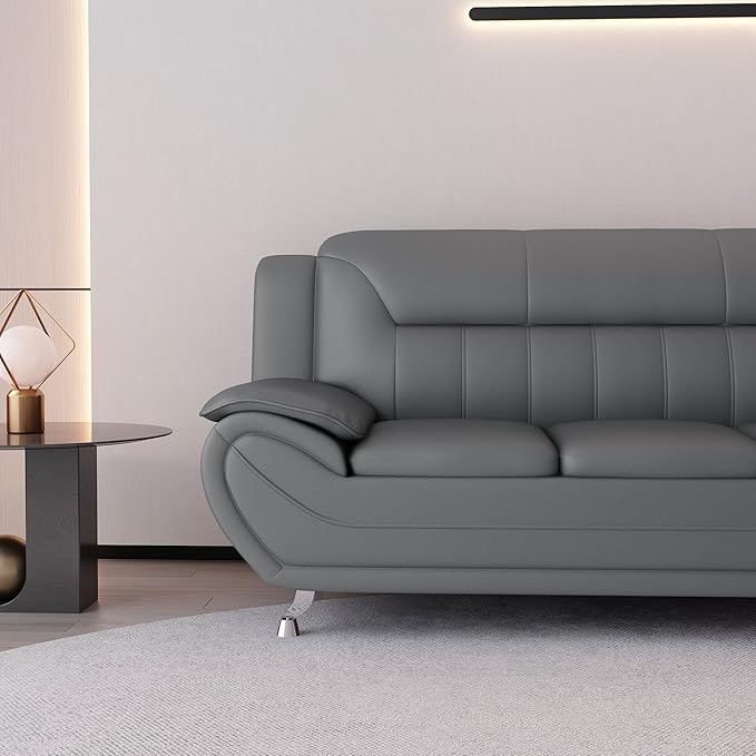 Container Furniture Direct Michael Modern Faux Leather Upholstered Stainless Steel Legs Living Room Sofa, Chair, Gray
