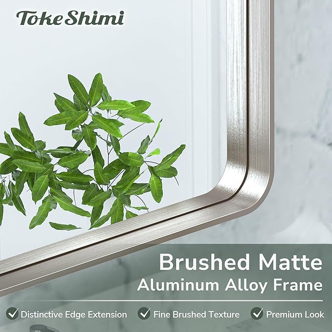 TokeShimi 48x36 Brushed Nickel Bathroom Wall Mirror Vanity Metal Frame Round Corner Rectangular for Home Decor Living Room Entryway
