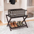 Fully Assembled Bamboo Luggage Rack, Folding Suitcase Stand with 5 Nylon Straps, Luggage Holders with Shelf, Ideal for Guest Room, Bedroom, Hotel, Espresso