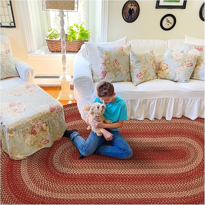 Homespice Apple Pie Jute Red 8x10' Braided Oval Area Rugs for Living Room, Bedroom and Dining Room. Pet Friendly. Decor Styles- Farmhouse Rug, Rustic, Vintage, Primitive, Country, Boho Rug