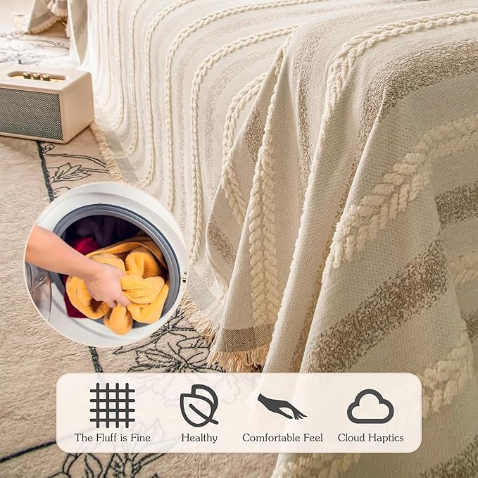 Couch Cover for Dogs Washable Sofa Cover, Sectional Couch Covers, Sofa Covers for 2 Cushion Couch, Non Slip Stripe Sofa Slipcovers Furniture Protector, Couch Protector from Cat Claws, Beige,75''x150''
