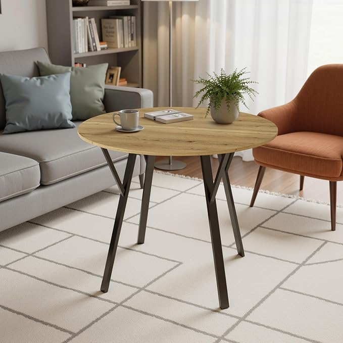 35" Round Dining Table for 4, Modern Small Circle Dinner Table Farmhouse Round Kitchen Tables with Metal Legs for Dining Room, Kitchen, Living Room, Light Brown & Black