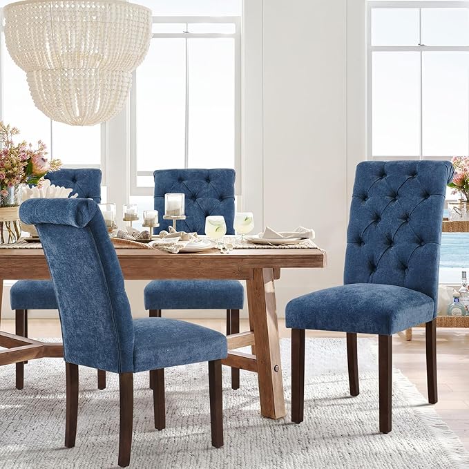 COLAMY Button Tufted Dining Chairs Set of 6, Parsons Upholstered Fabric Dining Room Chairs Kitchen Chairs with Wood Legs and Padded Seat, Blue