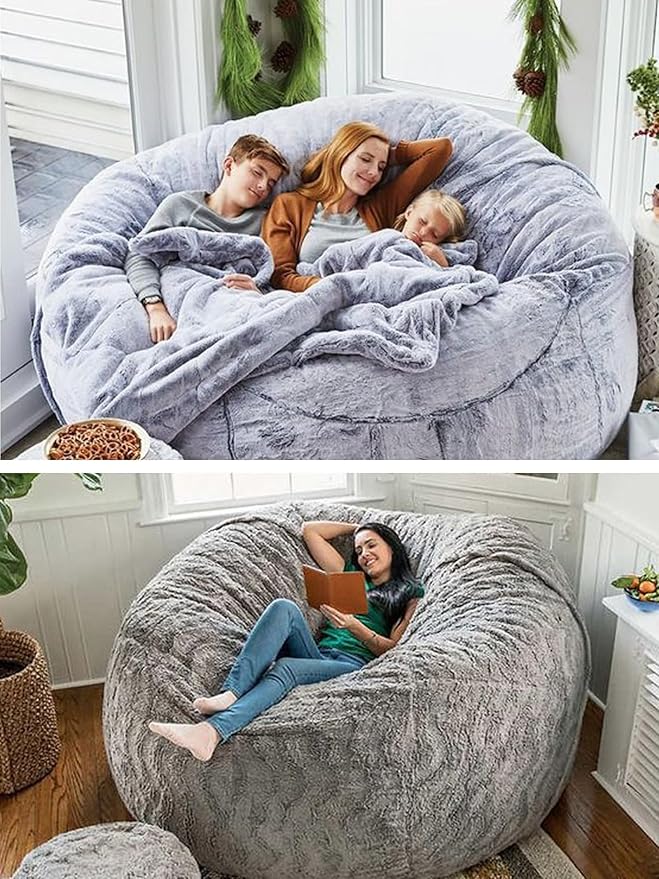 Bean Bag Chair for Adults Kids Without Filling Comfy Oversized Round Lazy Sofa Bean Bag Cover for Stuffed Animal Storage Bedroom Living Room Chairs, 6FT, Khaki