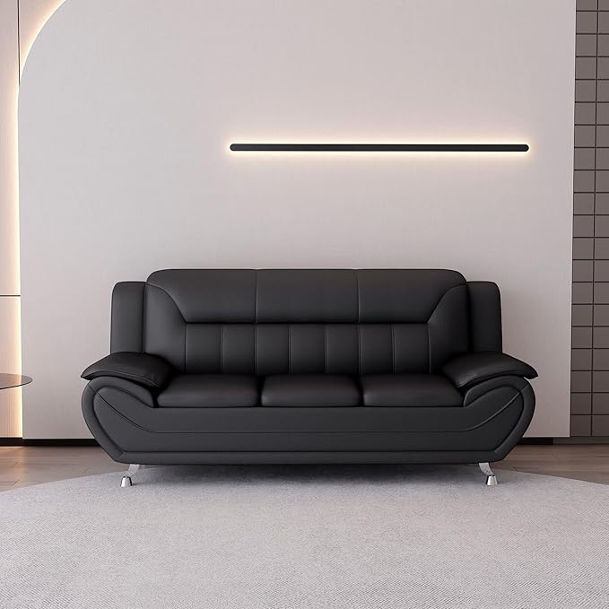 Container Furniture Direct Michael Modern Faux Leather Upholstered Stainless Steel Legs Living Room Sofa, Loveseat, Black