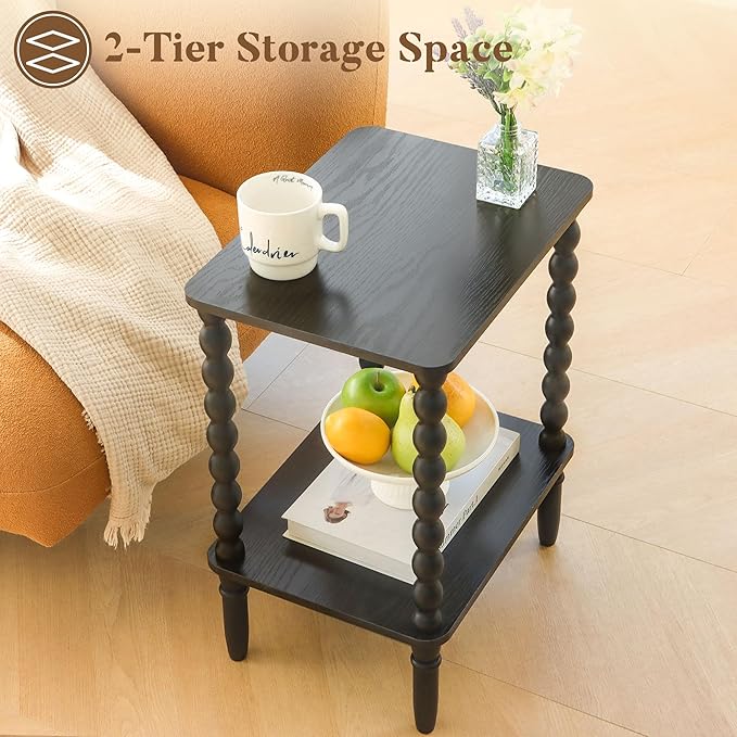 Black Side Table, Small End Table with 2-Tier Shelf, Vintage Night Stand with Storage for Bedroom Living Room, Small Spaces (Black)