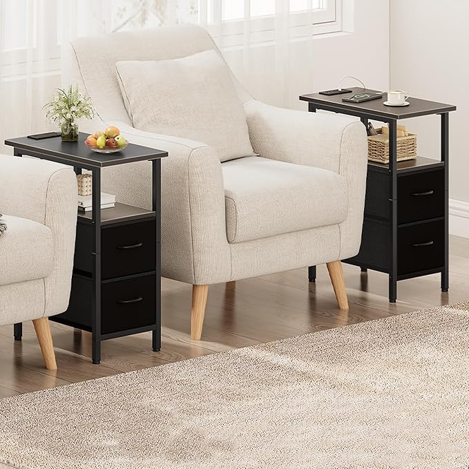 Vagusicc Black End Table with Charging Station, Narrow Side Table, 23.8'' Tall Nightstand with 2 Fabric Drawers, Small Sofa Side Table Narrow Nightstand for Small Spaces, Living Room, Bedroom, Black