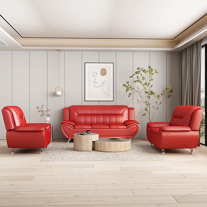 Container Furniture Direct Michael Modern Faux Leather Upholstered Stainless Steel Legs Living Room, Chair, Loveseat, Sofa, Black Camel
