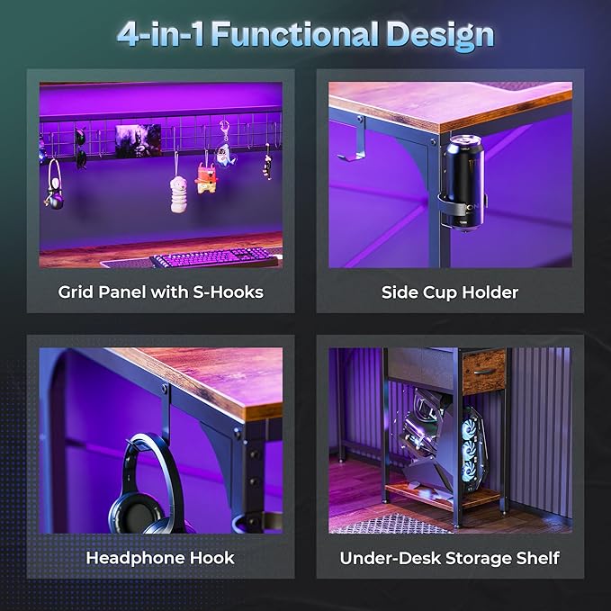 PRAISUN L Shaped Gaming Desk with Shelves, Corner Computer Table with LED Lights, Power Outlets and USB-C Ports, 42 Inch Reversible Home Office Desk with Storage Drawer, Work and Study, Rustic Brown