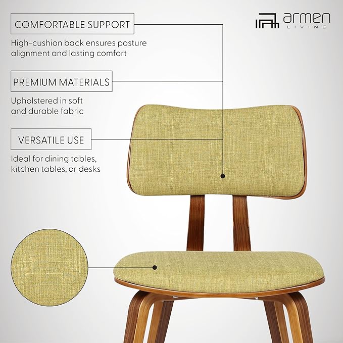Armen Living Jaguar Mid-Century Dining Chair in Walnut Wood and Green Fabric - Set of 4