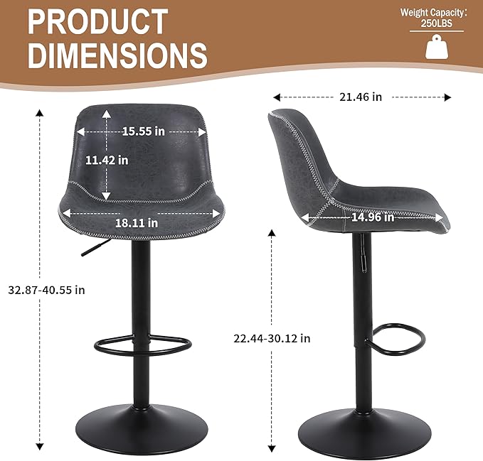 Bar Stools, Swivel Counter Height Barstools with Back, Adjustable Modern Bar Chairs, Tall Armless PU Leather Kitchen Island Stool (Black 02, Set of 3)