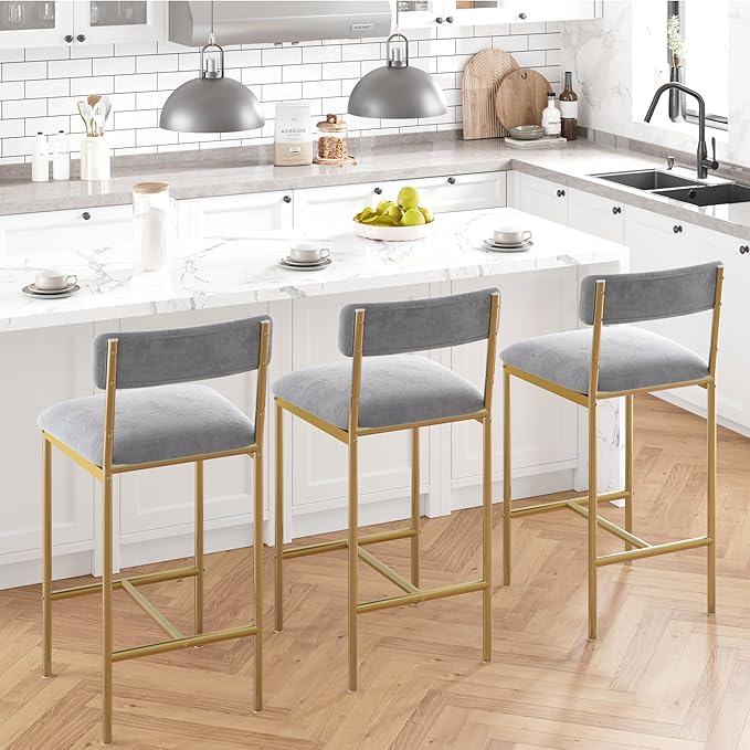 GarveeHome Bar Stools Set of 2, Upholstered Counter Height Bar Stools with Backrest and Footrest, Kitchen Barstools for Island, Counter Bar, Easy Assembly, Gold-Gray