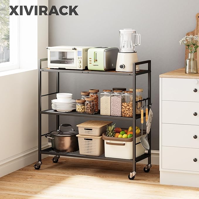 3-Tier Metal Storage Rack with Industrial Wheels,Mesh Shelving Unit with Wooden Table top,Adjustable Shelf,31.5-Inch Width, for Kitchen, Laundry,Pantry,Plant,Black