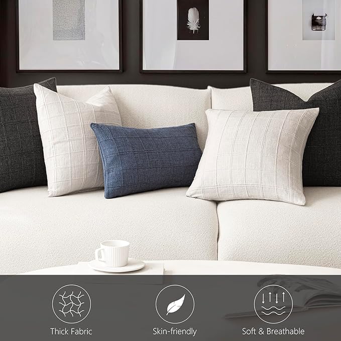 Foindtower Set of 2 Decorative Linen Check Throw Pillow Covers Neutral Farmhouse Vintage Cushion Covers Modern Boho Home Decor for Sofa Chair Couch Bedroom Living Room Outdoor,24×24 Inch,Charcoal