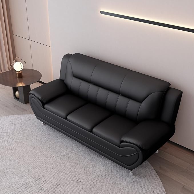 Container Furniture Direct Michael Modern Faux Leather Upholstered Stainless Steel Legs Living Room Sofa, Midnight Black