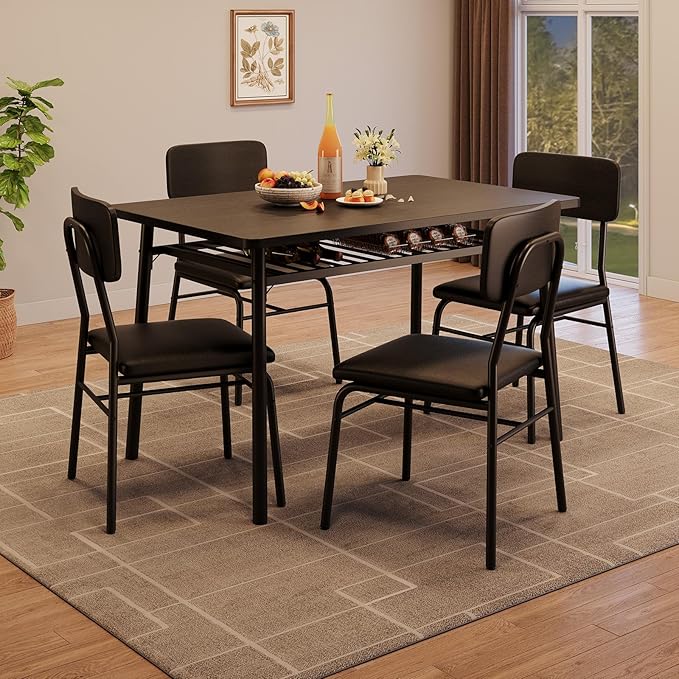 GAOMON 5-Piece Dining Table Set for 4, Wood Kitchen with Built-in Storage Rack,Small Kitchen Table with Upholstered Chairs and Metal Frame for Small Spaces, Black
