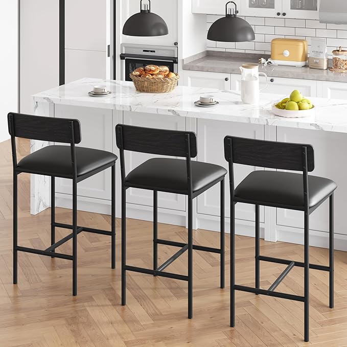 GarveeHome Bar Stools Set of 2, Upholstered Counter Height Bar Stools with Backrest and Footrest, Kitchen Barstools for Island, Counter Bar, Easy Assembly, Rustic Black