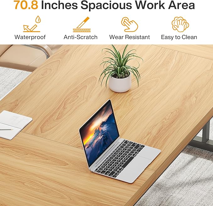 Tribesigns 70.8-Inch Executive Desk, Large Computer Office Desk Workstation, Modern Simple Style Laptop Desk Study Writing Table Business Furniture for Home Office (Light Walnut/Black, 70.8 Inch)