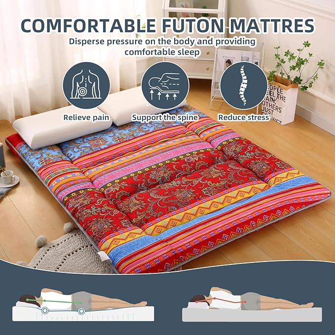 Bohemian Retro Japanese Floor Mattress, Vintage Floral Tatami Floor Mat, Portable Roll up Futon Mattress for Guest,Tavel (E,Queen80 X 60")