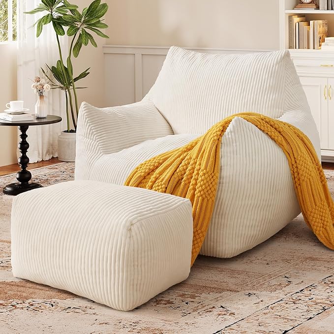 Big Bean Bag Chair for Adults & Kids, Ultra Soft Living Room Bean Bag with Armrests & Ottoman, Stuffed BeanBag Floor Sofa for Napping, Gaming, Lounging, Beige