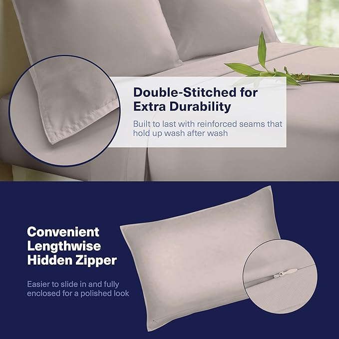 Kickoff Viscose Bamboo Sheets Queen Size 4-pc 100% Organic Bamboo Viscose Bed Cooling Sheets Queen Size Set Cool Bedding for hot Sleepers Sheet, Flat, Fitted, Pillowcases (Grey Mist, Q)
