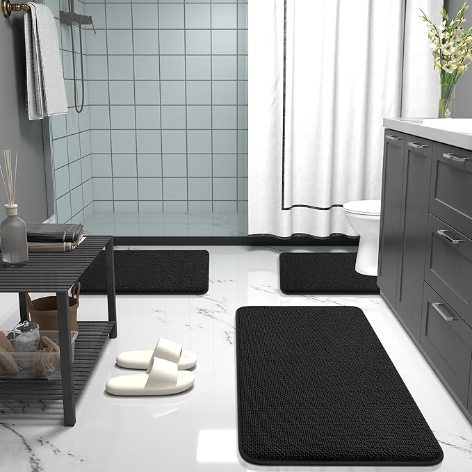 OLANLY Thick Memory Foam Bath Mat Rug 24x16, Extra Soft Absorbent Bathroom Rug, Quick Dry Bath Mats, Non-Slip, Machine Washable Carpet for Bathroom, Tub and Shower, Home Decor Accessories, Black