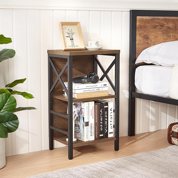 Small Bookshelf,3 Tier Industrial Bookcase with Metal Frame and Backboard,Low Rustic Brown Book Shelf,Book case for Small Spaces,Living Room,Bedroom and Home Office