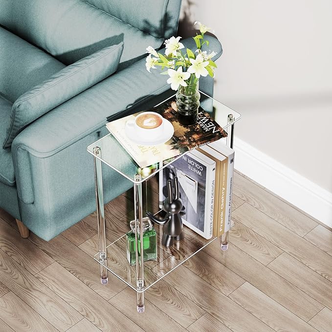 Clear Acrylic Narrow Side Table for Small Spaces, 15.75" L x 7.87" W x 19.82" H, 2 Tier Rectangle Slim End Table Nightstand, Small Skinny Bedside Table for Bedroom, Bathroom, Living Room
