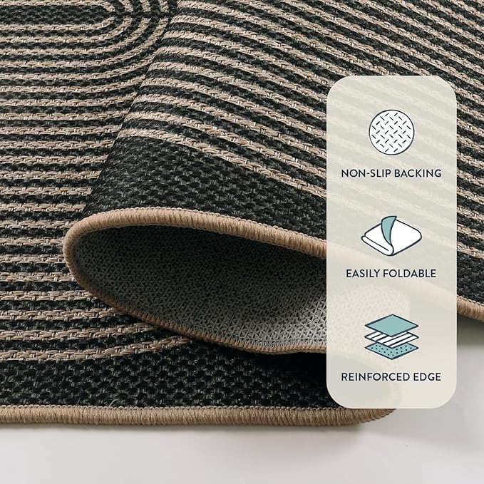 Lahome Modern Rainbow Easy Jute Carpet, Washable 5x7 Area Rugs for Living Room Patio Black Farmhouse Indoor Outdoor Rugs, Contemporary Natural Non Slip Floor Carpet for Office RV Backyard