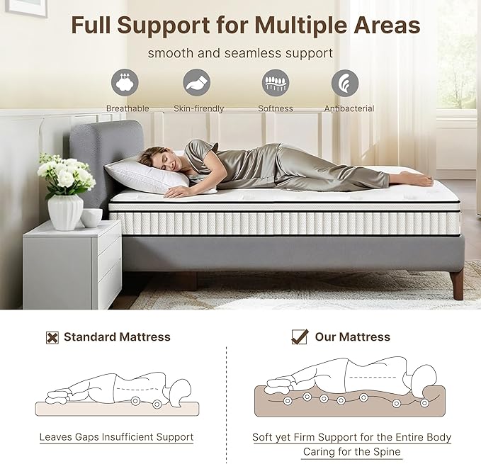 Queen Size Mattress, 10 Inch Medium Firm Foam Hybrid Mattress with Individual Pocket Springs for Motion Isolation & Edge Support, Mattress in A Box CertiPUR-US Certified