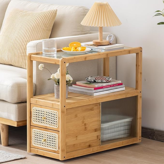 Tiita Rattan Nightstand Side Table, Bamboo Accent Bedside Tables, Glass Coffee Tables, Boho Wooden End Table with Storage for Small Space, Living Room and Bedroom
