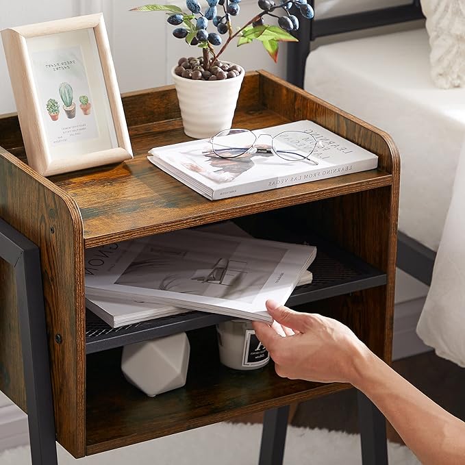 VECELO Nightstand Set of 2,Industrial End Table,Bedside Table with 2-Tier Open Storage Shelves,Wood Side Table with Metal Frame for Bedroom, Living Room,Small Spaces