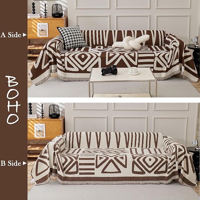 HANDONTIME Chocolate Boho Couch Cover Reversible Sofa Covers for 3 Cushion Washable Chenille Couch Protector, 71" X150
