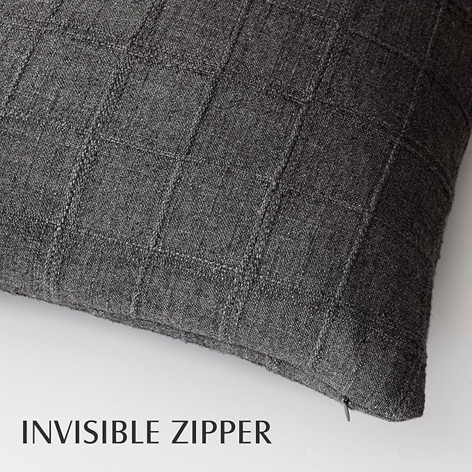 Foindtower Set of 2 Decorative Linen Check Throw Pillow Covers Neutral Farmhouse Lumbar Cushion Covers Modern Boho Home Decor for Sofa Chair Couch Bedroom Living Room Outdoor,12×20 Inch,Charcoal