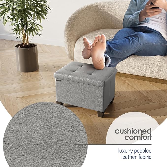 STORAGEBUD Storage Ottoman Cube with Small Bin, 16-in Square Ottoman with Storage for Living Room and Bedroom, Small Ottomans Foot Rest, Faux Leather Foot Stools Ottomans Max 330lbs, Light Grey