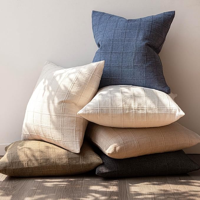 Foindtower Set of 2 Decorative Linen Check Throw Pillow Covers Neutral Farmhouse Vintage Cushion Covers Modern Boho Home Decor for Sofa Chair Couch Bedroom Living Room Outdoor,26×26 Inch,Charcoal