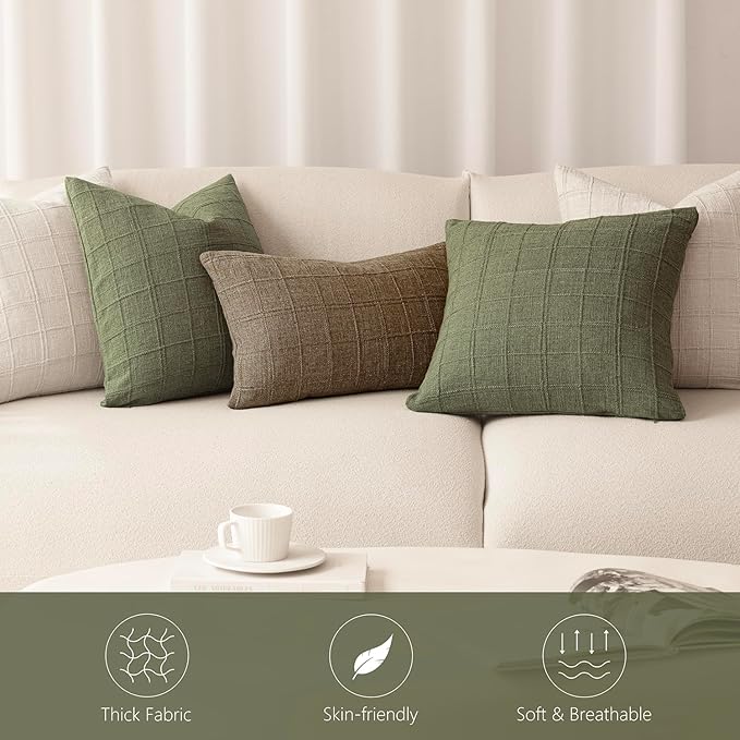 Foindtower Set of 2 Decorative Linen Check Throw Pillow Covers Neutral Farmhouse Vintage Cushion Covers Modern Boho Home Decor for Sofa Chair Couch Bedroom Living Room Outdoor,24×24 Inch,Sage Green