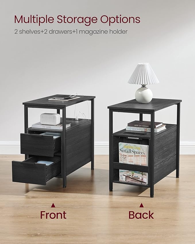 VASAGLE Side Table with Charging Station, Narrow End Table with 2 Drawers, Slim Nightstand and Bedside Table with Storage, for Small Spaces, Black ULET321B22