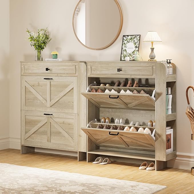 IRONCK Shoe Storage Cabinet with 2 Flip Drawers & Barn Door Design, Freestanding Shoe Cabinet Organizer with Drawer and Shelves for Entryway, Farmhouse Shoe Rack Cabinet,Rustic Maple