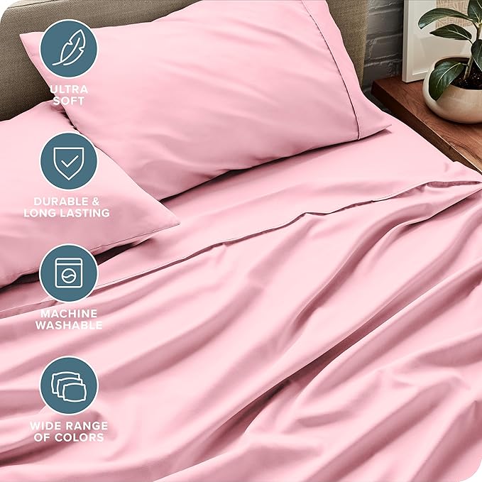 Bare Home Full XL Sheet Set - Luxury 1800 Ultra-Soft Microfiber Full Extra Long Bed Sheets - Double Brushed - Deep Pockets - Easy Fit - 4 Piece Set - Bedding Sheets & Pillowcases (Full XL, Light Pink)