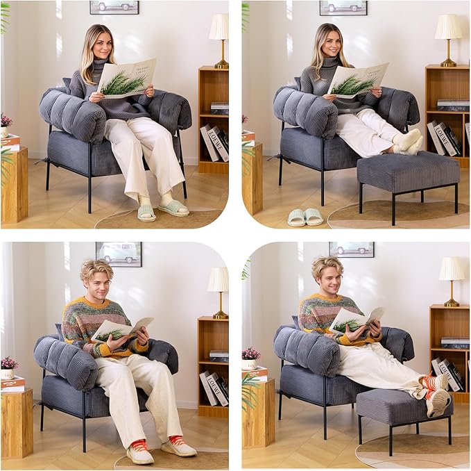 HollyHOME Modern Velvet Accent Chair with Ottoman, Upholstered Comfy Reading Chair and Footstool,Large Lazy Armchair with Stool, Lounge Sofa for Living Room, Bedroom, Dark Grey