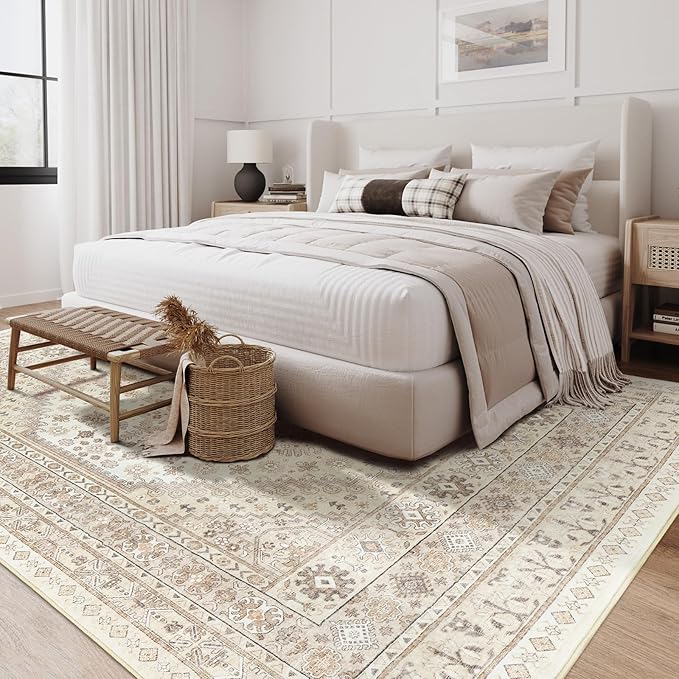 zesthome 7x9 Area Rug, Super Soft Washable Rugs for Living Room, Non-Slip Stain Resistant Vintage Rugs, Ultra-Thin Large Area Rugs (Cream/Beige,7'x9')