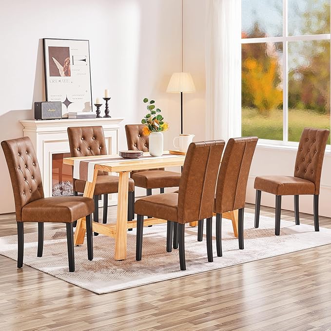 Yaheetech Dining Chairs Set of 6 Modern Style Faux Leather Dining Room Chairs with Solid Wood Legs and Button Tufted Padded for Home Kitchen, Retro Brown