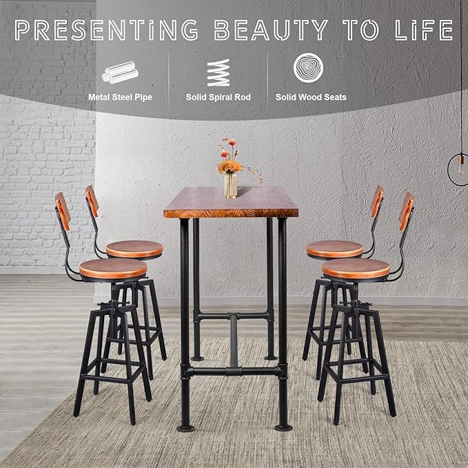 5 Pieces Industrial Dining Table Set Rustic Rectangular High Pub Table with Chairs Farmhouse Meeting Computer Desk and Stools for Office