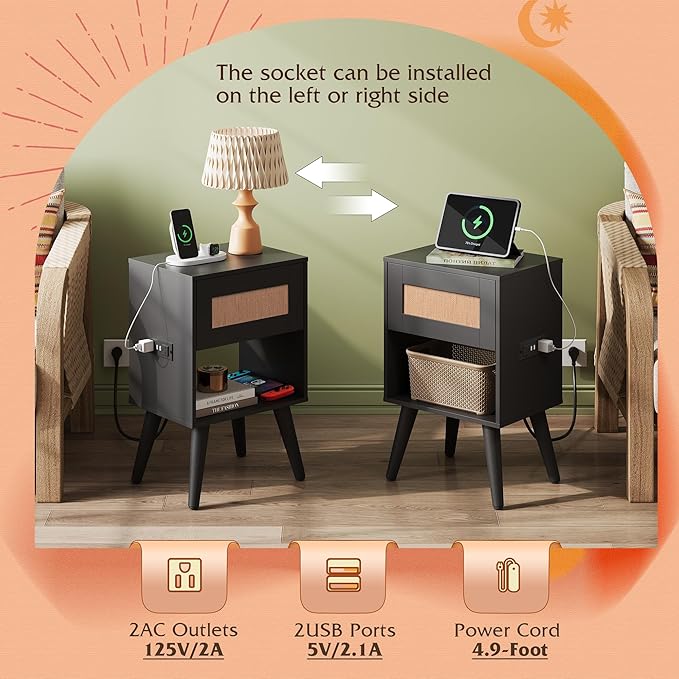 WLIVE Rattan Nightstands Set of 2 with Charging Station, Boho Nightstand, Wood Side Table, Small End Table with Drawers for Bedroom, Black