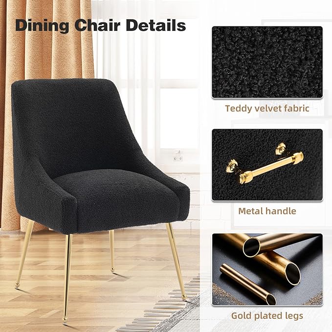 Dining Chairs Medieval Modern Restaurant Chairs, Soft Cushions, Teddy Velvet, Polished Gold Metal Legs, Kitchen Chairs, Living Room Black 6-Piece Set