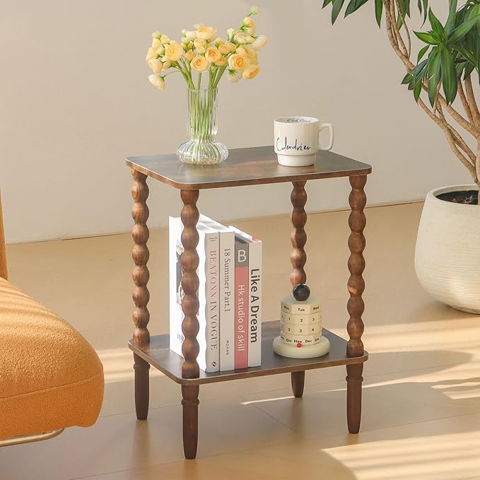 Side Table, Small End Table with Storage Shelf, 2-Tier Small Coffee Tables Living Room for Bedroom, Narrow Spaces (Rustic Brown)