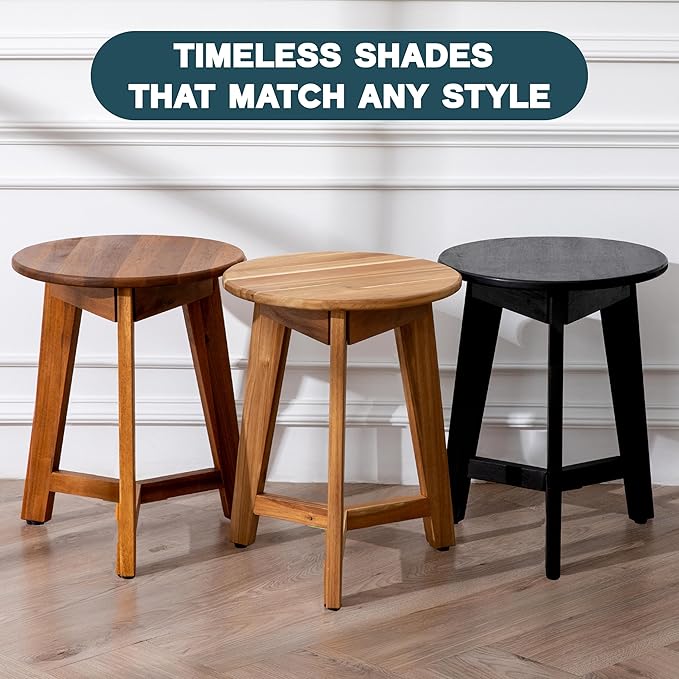 Round Side Table – Solid Acacia Wood End Table for Living Room or Bedroom – Natural Wood Finish, Compact Nightstand or Accent Table for Sofas & Beds (13x16x13 Inches)